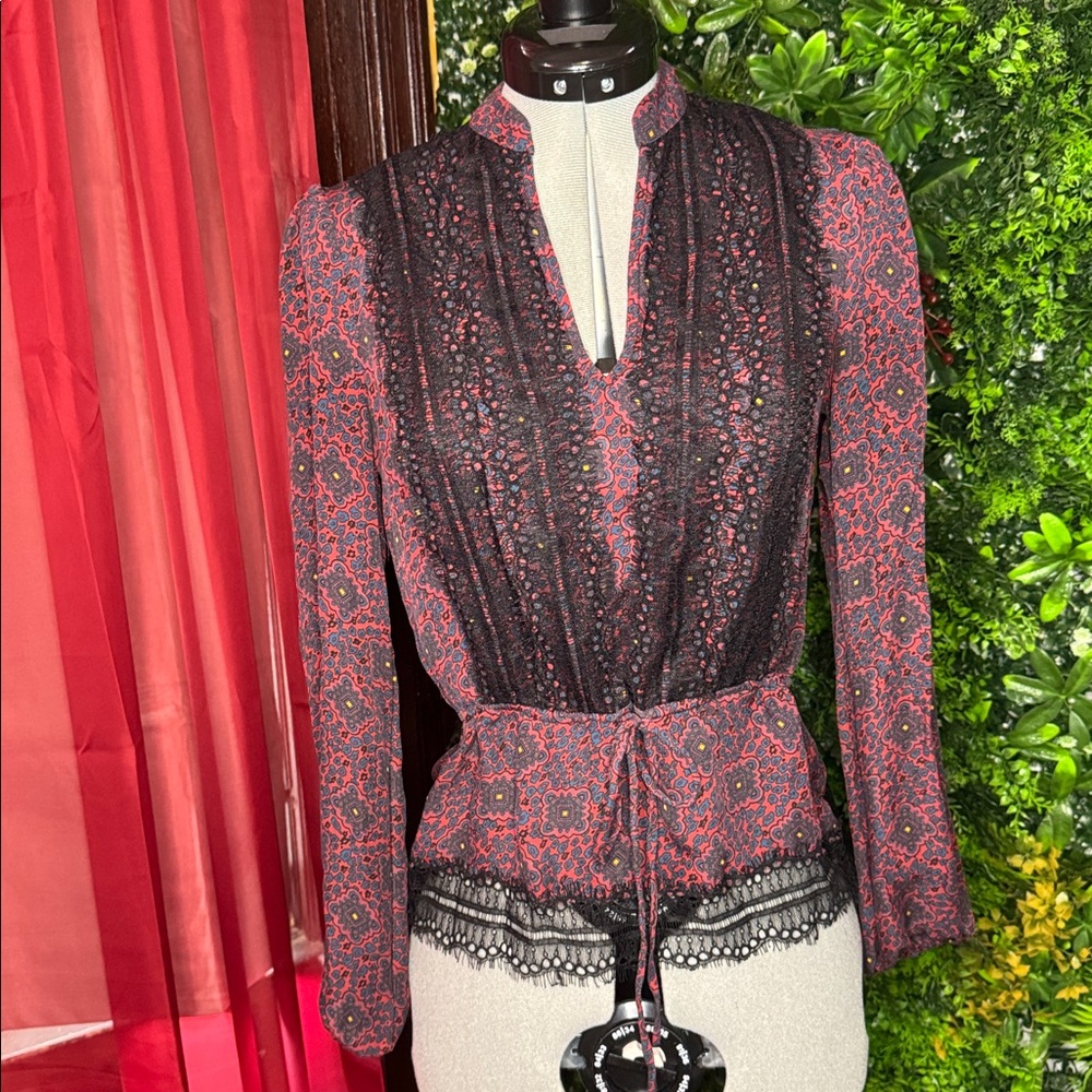 Veronica Beard Black and Red Lace Blouse